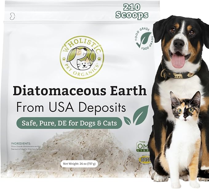 Wholistic Pet Organics Diatomaceous Earth - Food Grade for Dogs & Cats - 26 Oz - Multi Use Powder - Pet Safe Non-Chemical Freshwater Sourced Silica Supports Overall Health - Made in USA - 210 Scoops
