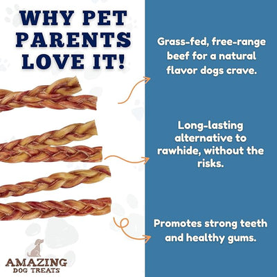 Amazing Dog Treats 12" Braided Bully Stick (5 Pcs/Pack) Bully Stick for Dogs - Made from Premium Grass Fed Beef