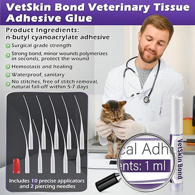 1 Pack 1ml Veterinary Surgical Skin Glue with 10 Applicators, Strong Surgical Adhesive, Blue Tinted Fast Acting Tissue Wound Glue, Up to 10 Applications, Ideal for Small Pet or Single Pet Home