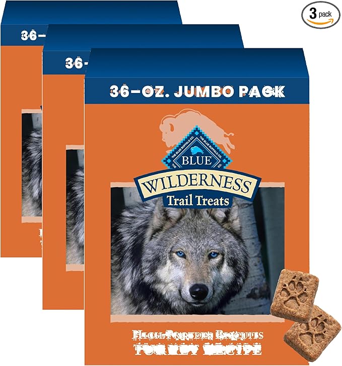 Blue Buffalo Wilderness Trail Treats Crunchy Dog Biscuits Grain-Free and High-Protein Dog Treats, Turkey Recipe 36-oz Box (Pack of 3)