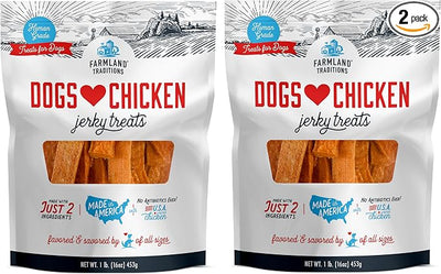 Farmland Traditions Dogs Love Chicken Jerky Dog Treats, Premium Two-Ingredient Dog Jerky with USA-Raised, Human-Grade Chicken & No Antibiotics Ever, 1 Pound (Pack of 2) Bag.