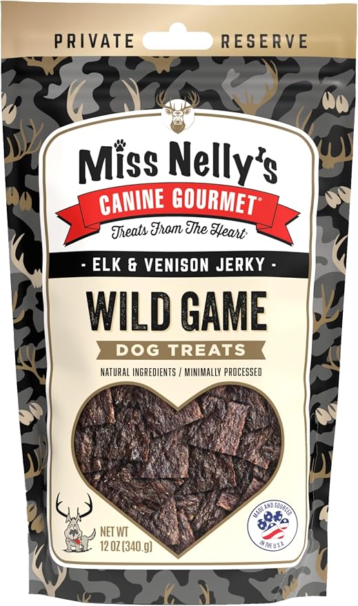 Miss Nelly's - Heart of The Wild – All Natural Elk & Venison Jerky Dog Treats - Made in USA Only - Minimally Processed Dog Treats - 12 oz