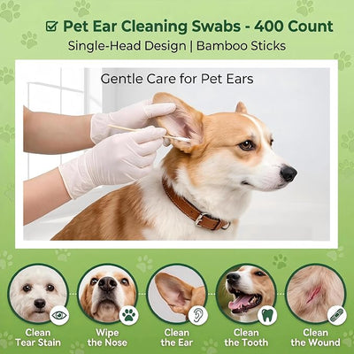 400 Pcs 6 Inch Long Dog Ear Swabs with Storage Box, Large Cotton Buds with Bamboo Handle, Soft & Absorbent Dogs Ear Cleaner Sticks for Gentle Cleaning