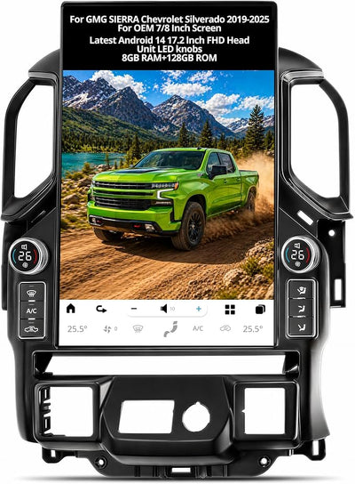 AuCar 836MAX Android 14 17.2 Inch Touchscreen with LED knobs Car Radio for GMC Sierra Chevrolet Silverado 2019-2025 Head Unit Wireless Carplay Android Auto GPS Navigation 128GB US 1 Yr Service