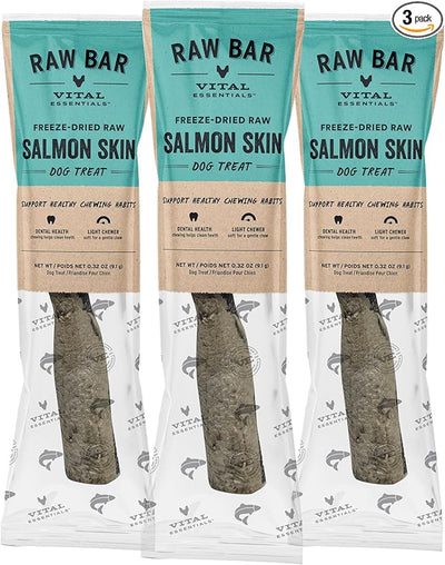 Vital Essentials Freeze-Dried Raw Salmon Skin Dog Treat & Natural Chew, 3-Pack | Single Ingredient Dog Treat for Light Chewers | Made in USA