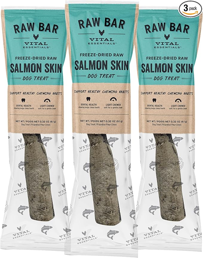 Vital Essentials Freeze-Dried Raw Salmon Skin Dog Treat & Natural Chew, 3-Pack | Single Ingredient Dog Treat for Light Chewers | Made in USA