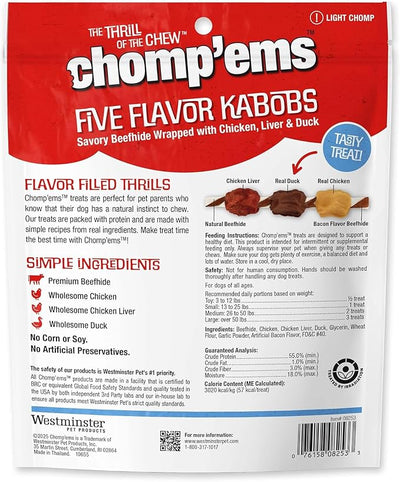 CHOMP 'EMS Five Flavor Kabobs Dog Treats - Beefhide Chewstick - High Protein Dog Chews, 15 Count