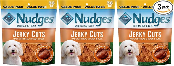 Blue Buffalo Nudges Jerky Cuts Dog Treats, Made in the USA with Natural Ingredients, Chicken & Duck, 36-oz Bag (Pack of 3)