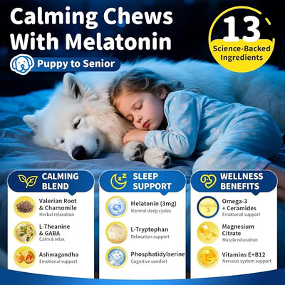 Dog Melatonin Calming Chews for Nighttime Sleep, Natural Relaxation & Stress Support for Dogs & Puppies Calming Treats, Barking, Separation, Anxiety, Fireworks, Upgraded Bacon Flavor, 90Ct