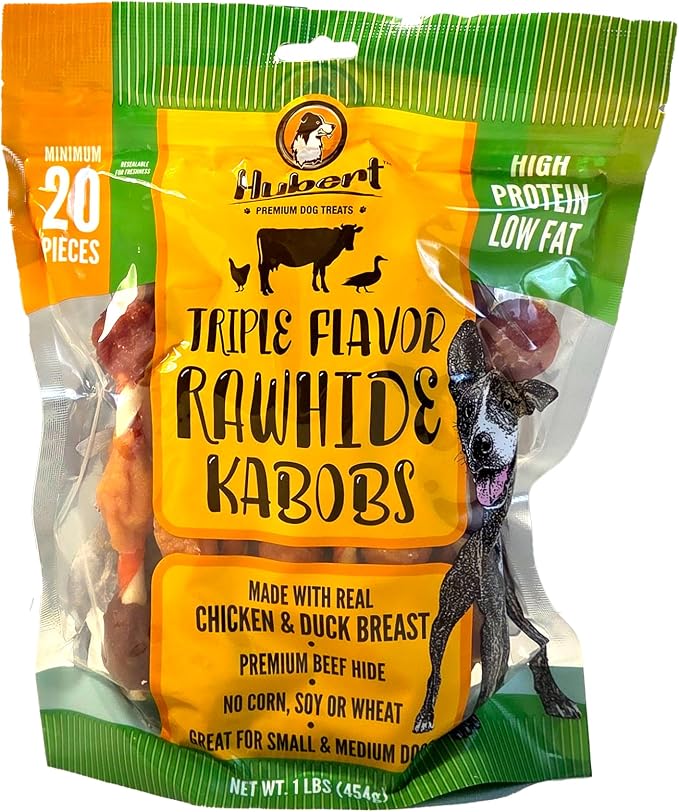 Hubert Pet Triple Flavor Rawhide Kabobs, Chicken Duck Pork Dog Chews, 1 lb