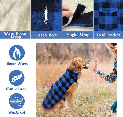 Malier Classic Plaid Fleece Dog Jacket with Pocket - Windproof Warm Coat Vest for Small to Large Dogs (Blue, Large)