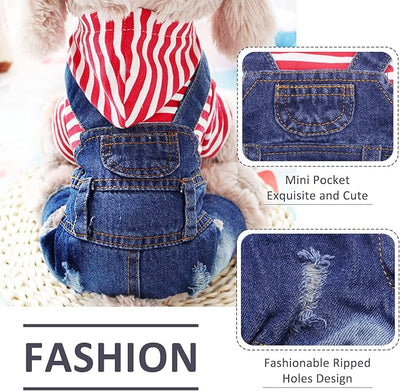 SILD Pet Denim Jumpsuit Dog Jeans Hoodies Cool Blue Coat Medium Small Dogs Classic Jacket Puppy Blue Vintage Washed Vests (XS)