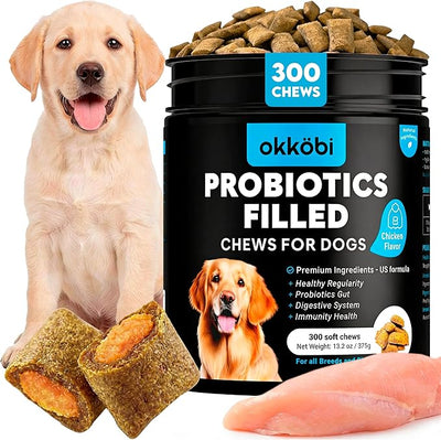 Probiotics for Dogs Chews 300PCs - Digestive, Gut Health & Diarrhea Support - US Formula with Dog Probiotics, Enzymes & Natural Ingredients - Crunchy & Creamy Chicken