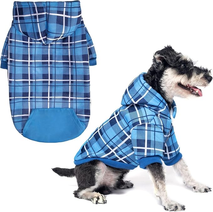EXPAWLORER Plaid Dog Hoodie - British Style Warm Dog Sweater Shirt with Leash Hole,Pitbull Clothes Outfits,Winter Coat Apparel for All Breeds Puppy Girl Boy-Cat Apparel,Blue Small