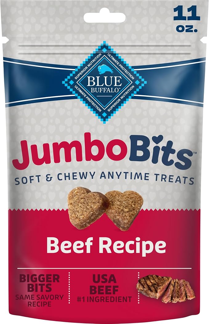 Blue Buffalo Jumbo Bits Beef Soft & Chewy Dog Treats, Made with Real Beef & Enhanced with DHA, Heart-Shaped Dog Treats, Made in the USA with Natural Ingredients, 11 oz.