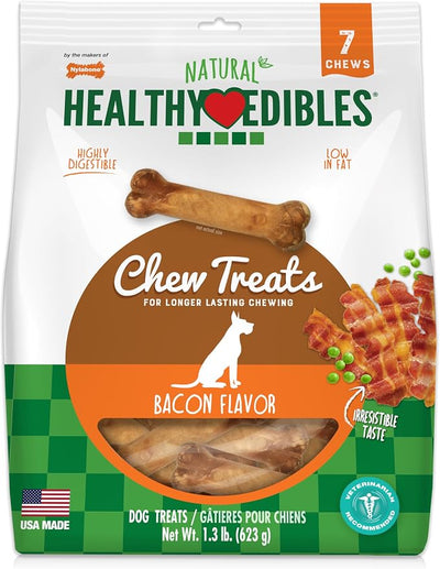 Nylabone Healthy Edibles Natural Dog Chews, Long Lasting Bones for Dogs, Bacon Flavor Dog Treats, Medium (7 Count)