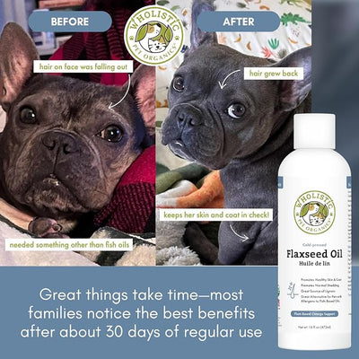 Wholistic Pet Organics Flaxseed Oil for Dogs and Cats - 16 Oz - Omega 3 for Dogs and Cats - Cat & Dog Skin and Coat Supplement for Itchy Skin, Shedding - Omega 3 6 9 Liquid Food Topper - 90 Day Supply