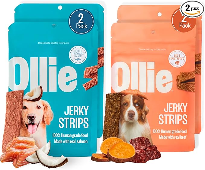 Ollie Jerky Dog Treats Variety Pack, Beef and Sweet Potato & Salmon and Coconut Bundle, All Natural, Healthy, Made with Real Meat 5 Oz. Pack of 2