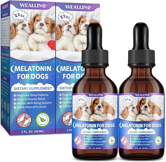 WEALLIN Melatonin for Dogs - Dog Melatonin with L-Theanine & Chamomile Bacon Flavor | Liquid Dog Melatonin with L-Theanine & Chamomile, Anxiety Relief & Calming, Relaxation & Sleep Support, Fast-Absorbing 120ML