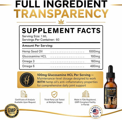 Busters Hemp Oil for Dogs with Glucosamine 2-Pack Dual-Action Joint Support + Calming,100mg Glucosamine + Organic Hemp Oil with Omega 3 6 9 — Bacon Flavor, Third-Party Lab Tested — Made in USA