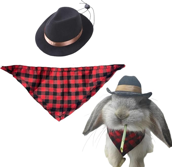 Cute Rabbit Cowboys Hat and Scarf Set, Funny Rabbits Pet Cowboy's Hat Scarf Outfits, Rabbits Dog Cat Pets Halloween Costume Hats Clothes Bunny Stuff Gifts Bunny Accessories (Black-Red Suit)