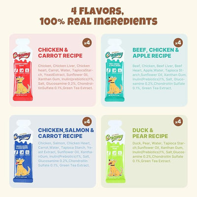 Creamy Lickable Dog Treats, 4 Flavor Variety Pack, 16 Tubes Squeeze Up Soft Dog Snacks for Puppies & Seniors, Reward Training or Food Topper,Low-Calorie Grain Free Puree for Joint & Digestive Health