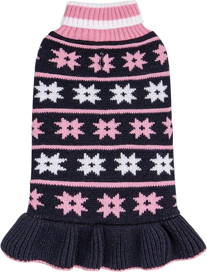 KYEESE Dog Sweater for Small Dogs Warm Pet Coats Fall Winter Dogs Clothes for Girl Dog Sweater Dress with Leash Hole Knit Pullover Turtleneck Pet Sweater with Snow Flake Pattern, Girl Navyblue, Large