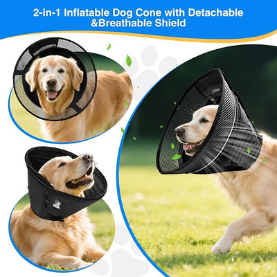 Inflatable Dog Cone Collar,Soft Adjustable Elizabethan Pet Recovery Collar | 2-in-1 Detachable Anti-Licking Shield E-Collar For Large Medium Dogs,Furniture-Friendly Post Surgery Recovery Cone(XL)
