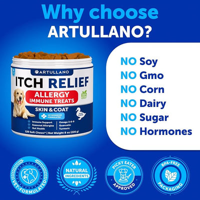 Dog Allergy Relief Chews - Itching Skin Relief for Dogs - Fish Oil - Omega 3 - Seasonal Allergies Pills - Skin & Coat, Anti Itch,Hot Spots Treatment - Canine Immune Health Supplement - 120 Soft Treats