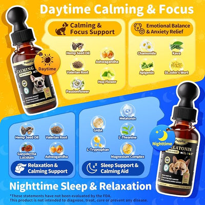 Calming Melatonin Drops for Dogs, Day & Night Dog Calming Treat for Anxiety, Separation, Stress, Travel, Relaxation & Sleep Support, Bacon Flavor, 2 Fl Oz