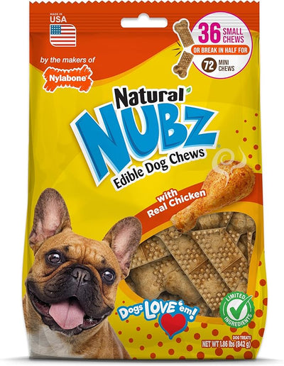 Nylabone Nubz Natural Dog Treats for Small Breeds, Long Lasting Chew Bones Made in USA, Chicken Flavor Breath Freshener Dental Chews, Small Dog Bones, Up to 30 lbs. (36 Count)