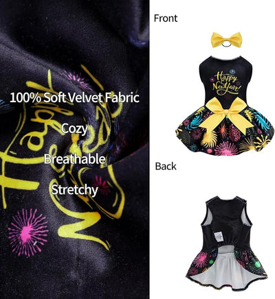 CuteBone Happy New Year Dog Dresses Velvet Holiday Small Dogs Clothes Onesie Pet Apparel Girl Puppy Skirt with Bow Hair Rope