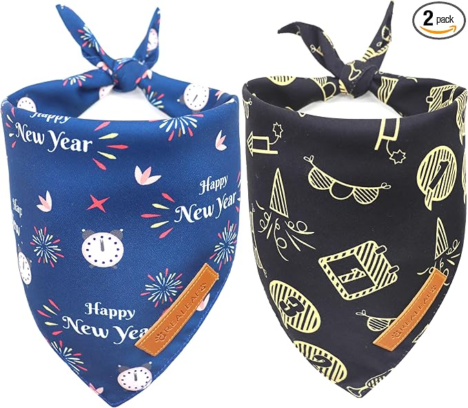 Realeaf Happy New Year Dog Bandanas 2 Pack, Reversible Holiday Pet Scarf for Boy and Girl, Premium Durable Fabric, Bandana for Small Medium Large and Extra Large Dogs (Small)