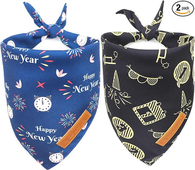 Realeaf Happy New Year Dog Bandanas 2 Pack, Reversible Holiday Pet Scarf for Boy and Girl, Premium Durable Fabric, Bandana for Small Medium Large and Extra Large Dogs (Small)