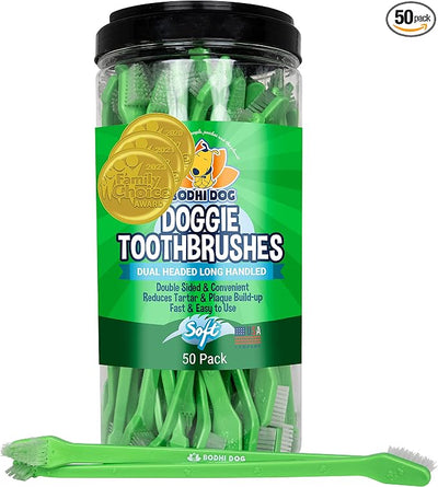 Bodhi Dog Dual-Headed Toothbrush for Dogs & Cats - Soft Bristles for Gentle Pet Dental Care - Puppy & Adult Teeth Cleaning - Easy-to-Use Design for Healthy Gums & Fresh Breath (50 Count)