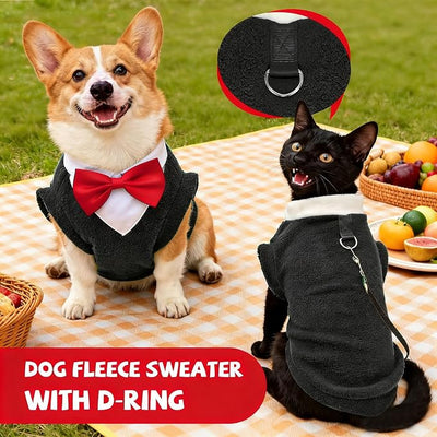Cute Dog Fleece Sweater with D-Ring, Fall Winter Dog Clothes Tuxedo Costume with Bowtie, Soft Puppy Sweatshirt Corgi Bulldog Apparel Dachshund Outfits for Small Medium Large Dogs(Black,6XL)