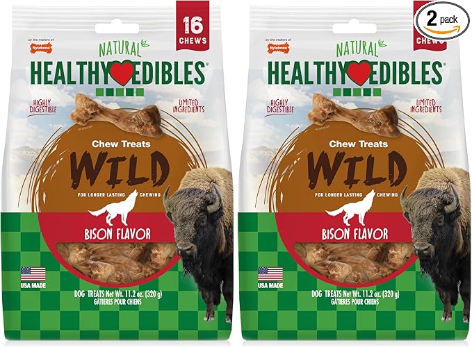 Nylabone Healthy Edibles Wild Natural Dog Chew Treats, Bison Flavor, Small Dogs Up to 20 lbs - Made in USA (16 Count) (Pack of 2)