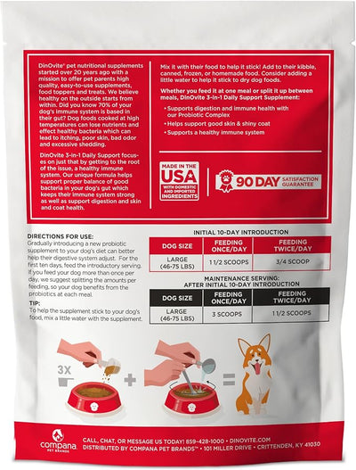 Dinovite Probiotics for Dogs, Probiotic Powder Food Topper for Large Dogs (45+ lb), Daily Digestive Health & Skin Support with Omega-3s, 90 Servings