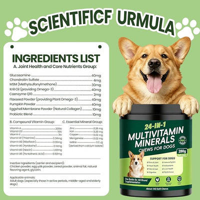 24-in-1 Dog Vitamins and Supplements, Dog Multivitamin Chewable for All Dog | Chondroitin Probiotics Omega-3 Glucosamine for Skin Coat Hip Joint Heart Gut Liver Brain Eye Immune Health,140 Chews Chicken