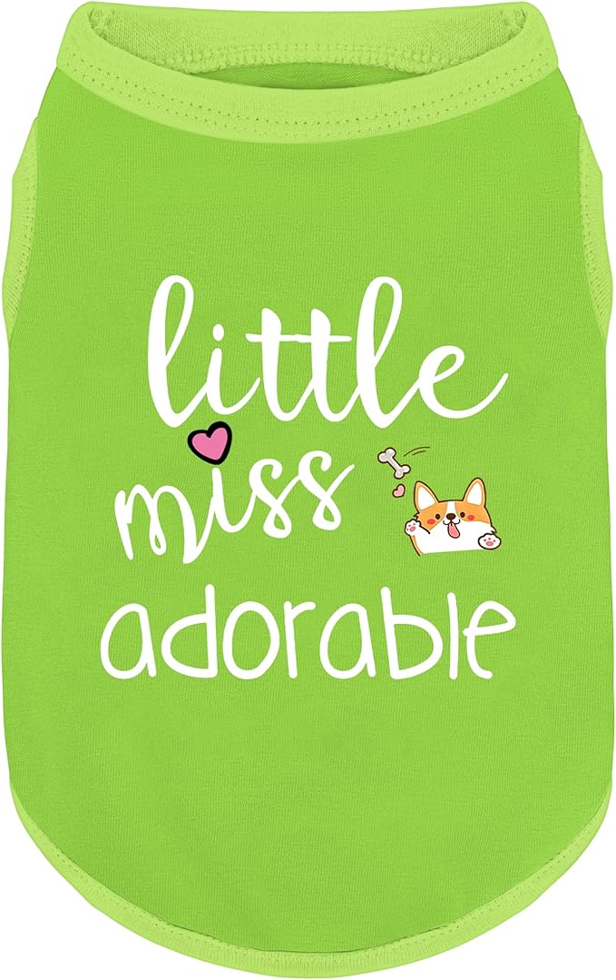 Cotton Dog Shirt with 'Little Miss Adorable' Corgi Head Print, Soft & Breathable Pet Apparel for Small, Medium, and Large Dogs, All-Season Sleeveless Vest, Cute and Comfortable Dog Outfit.Green XL