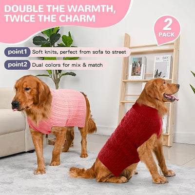 Dog Sweater 2 Pack for Large Dogs, Size XL, Pink & Red | Stretchy cable knit turtleneck, machine washable, high belly cut, comfy winter fit for English Bulldog, Boxer