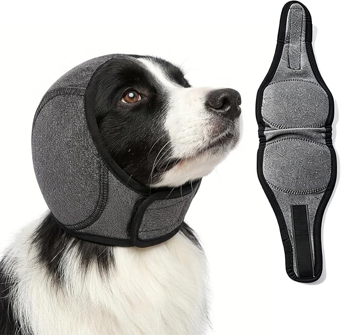 Grey Dog Ear Muffs for Noise Protection & Bath – No Shake Elastic Ear Wrap for Hematoma, Waterproof Calming Hoodie for Anxiety Relief & Blow Drying