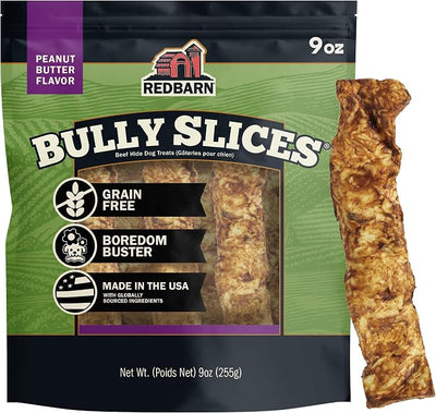 Redbarn Pet Products All-Natural Rawhide Bully Slices - Peanut Butter Flavor - Premium Grain-Free Beef Hide Treats High Protein Low Fat for Chewers - 9 oz Bag