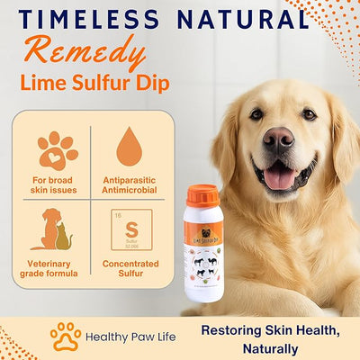 Lime Sulfur Dip – Concentrated Antimicrobial & Antiparasitic Solution for Itchy Skin, Mange, Ringworm & Dermatitis – Safe for Dogs, Cats, Puppies, Kittens, Horses, and Livestock (16 oz)