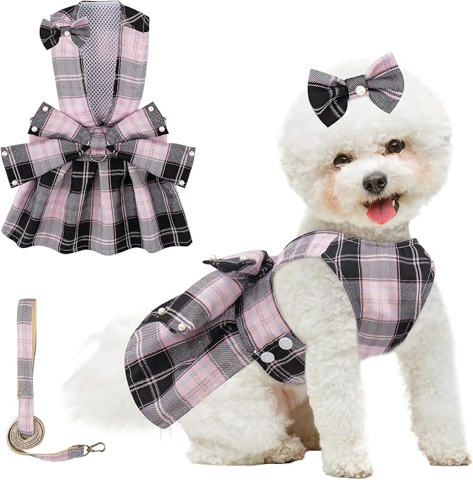 Coppthinktu Plaid Dog Dresses for Small Dogs Girl Bowknot Harness Leash Set, Cute Small Dog Dress Harness Cat Clothes Female with Pearl Bow Hair Clip, Summer Puppy Dress Yorkies Chihuahua Outfits