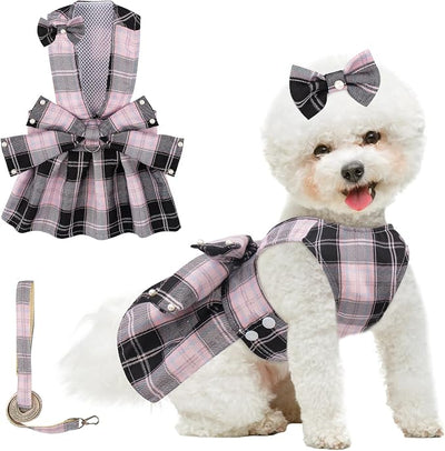Coppthinktu Plaid Dog Dresses for Small Dogs Girl Bowknot Harness Leash Set, Cute Small Dog Dress Harness Cat Clothes Female with Pearl Bow Hair Clip, Summer Puppy Dress Yorkies Chihuahua Outfits