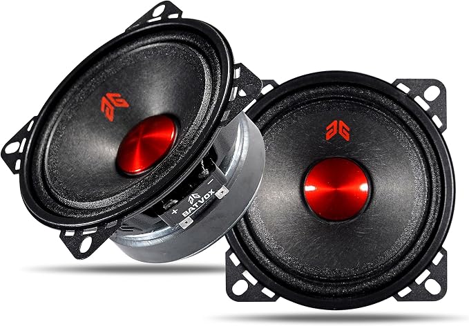 MX40P1 Midrange Loudspeaker 4" Red Dust Cap, 120W Max, 4 Ohms, Premium Quality Audio Door Speakers for Car or Truck Stereo Sound System, Black (2 Speaker)