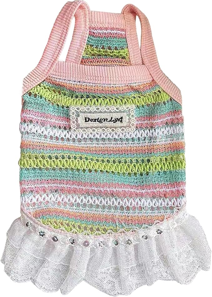 Dog Sling Tank Top with Tulle Skirt, Colorful Striped Pet T-Shirt (Pink, Medium)