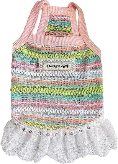 Dog Sling Tank Top with Tulle Skirt, Colorful Striped Pet T-Shirt (Pink, X-Small)