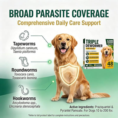 Dewormer for Dogs, Pyrantel Pamoate and Praziquantel for Tapeworms, Roundworms & Hookworms, Broad Spectrum Dog Dewormer Tablet for Small, Medium and Large Dogs - 48 Tablets